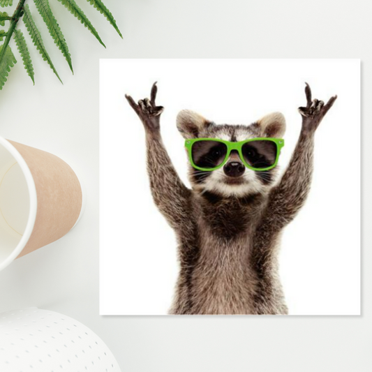 White square card with racoon in sunglasses
