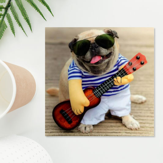 Pug playing guitar photographic square card