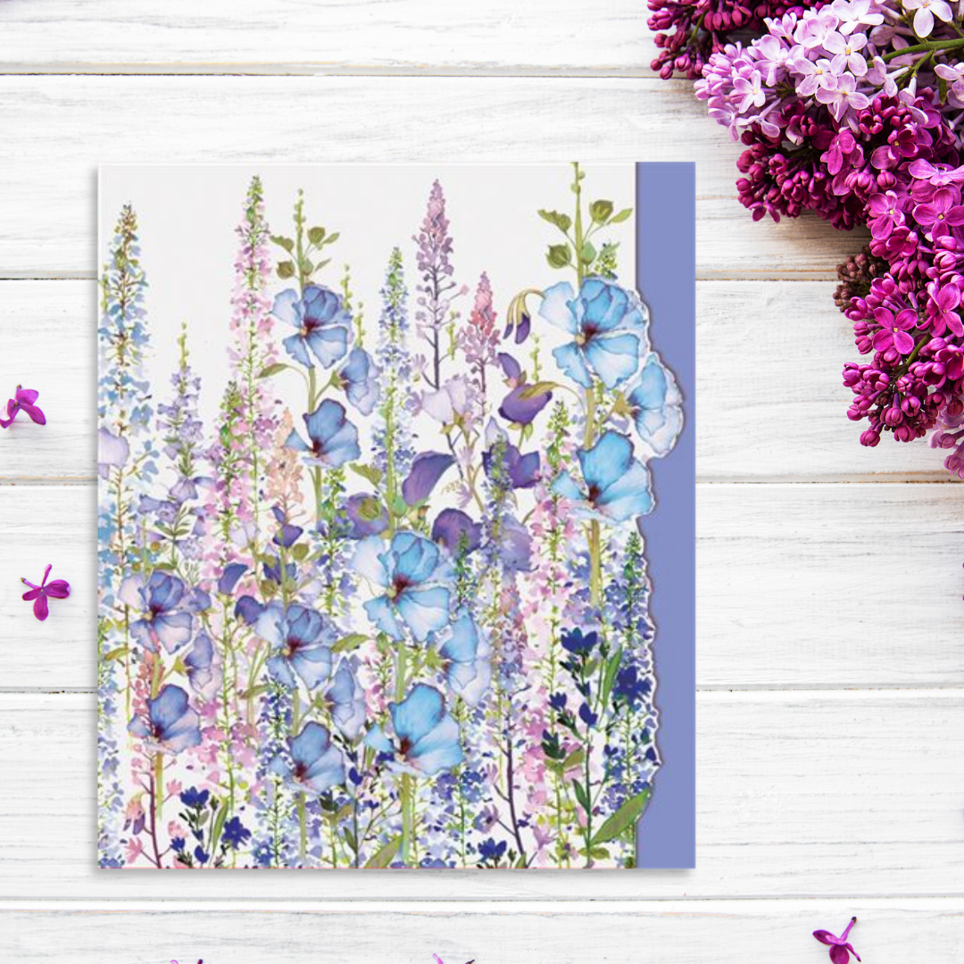 Pink and blue flower meadow with lilac border on square card