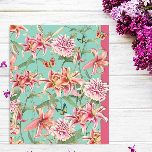 green card with pink lillies and butterflies and pink border