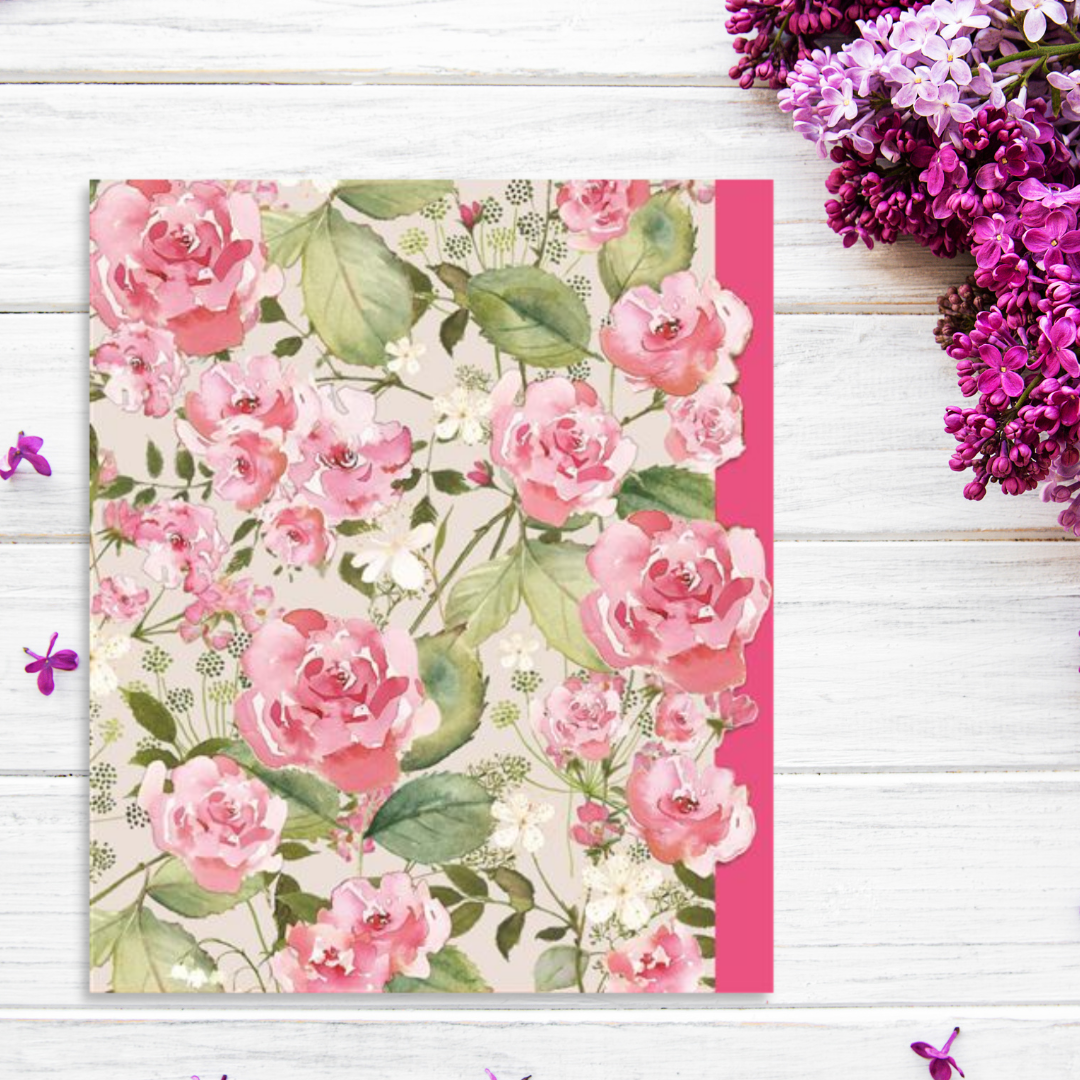 Pink roses and foliage on silver background and pink border