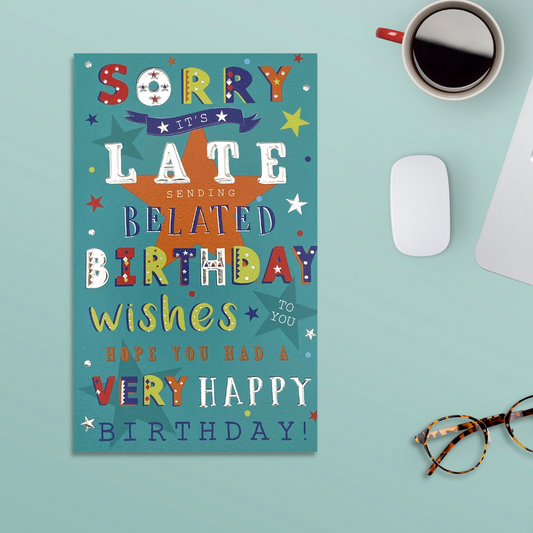 Teal colour card with bright colour text and star design