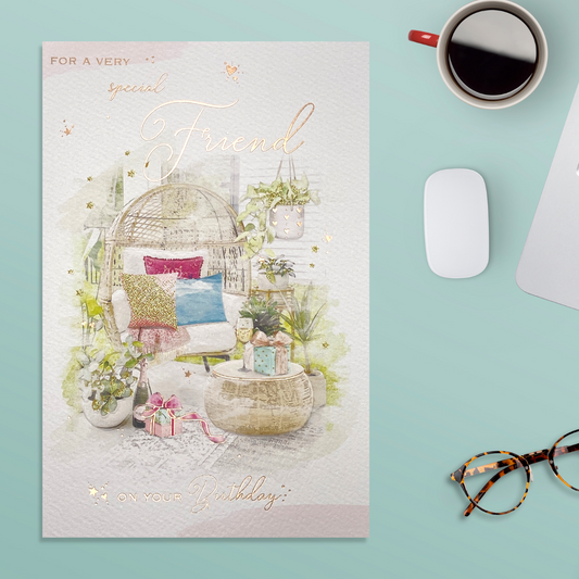 Watercolour illustration of hanging chair and gift in garden scene front cover