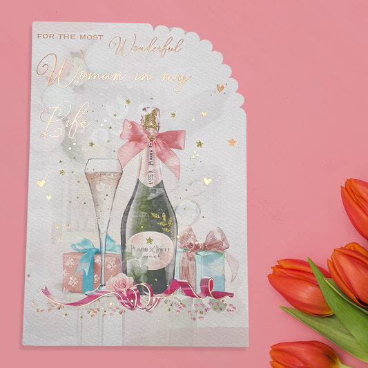 Watercolour illustration of bubbly and gifts with rose gold script text design