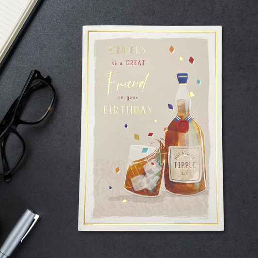 Whisky illustration and gold foil text with gold border on white card