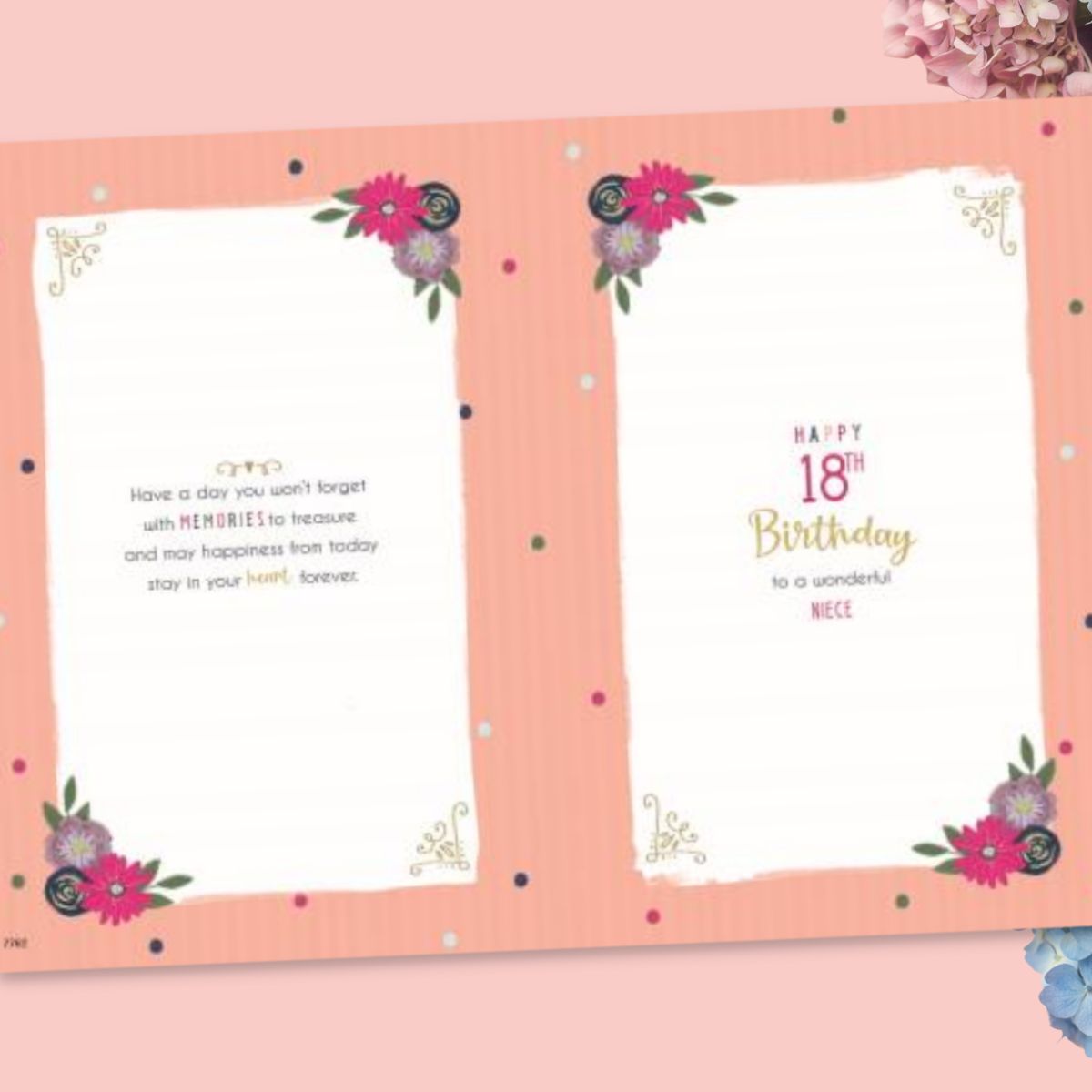 Inside with coral design and bright floral border, with coloured verse