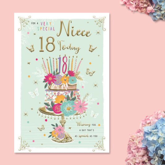 Mint green and pastel colour card theme with colourful floral cake and gold foil text and butterflies