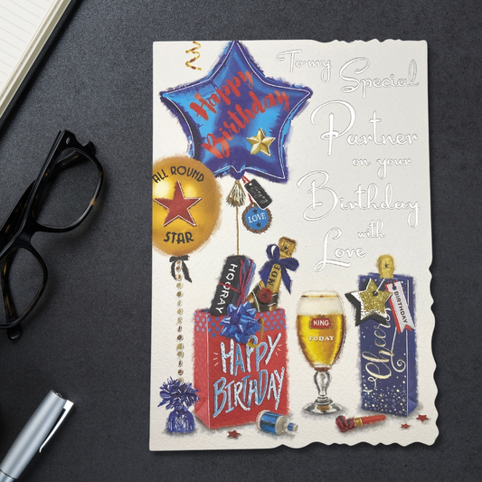 White card with blue star  balloon, beer, and gift bags