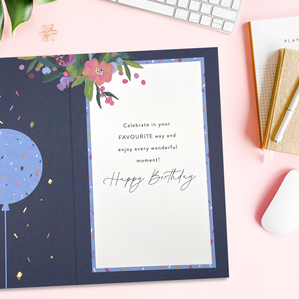 Inside image with bold print and vibrant floral border with verse