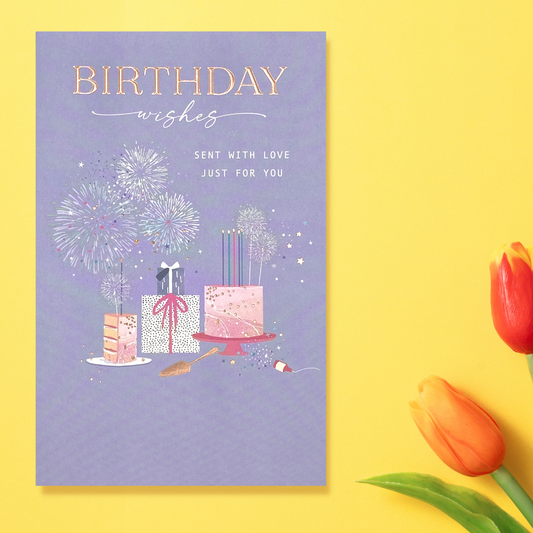 Lilac card with birthday cakes and fireworks with rose gold foil