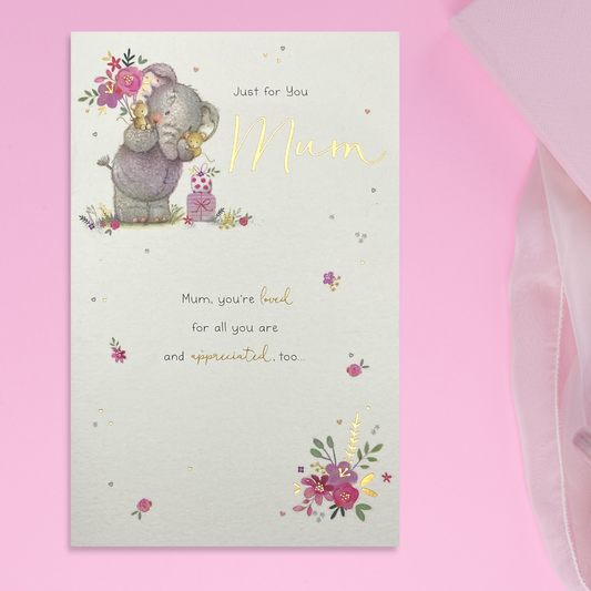 Mum card with Elephant and mice characters with flowers and gifts