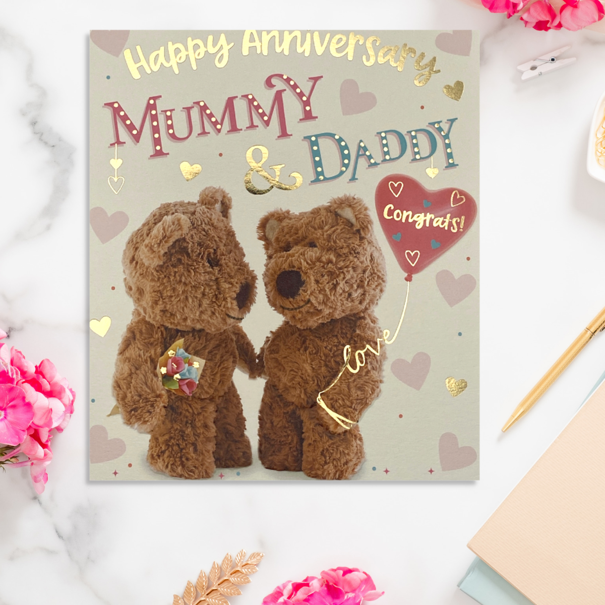 Two cute Barley Bears with red heart balloon and gold foil details