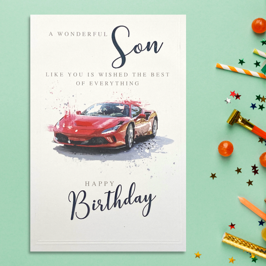 Son card with red painted sports car on white card