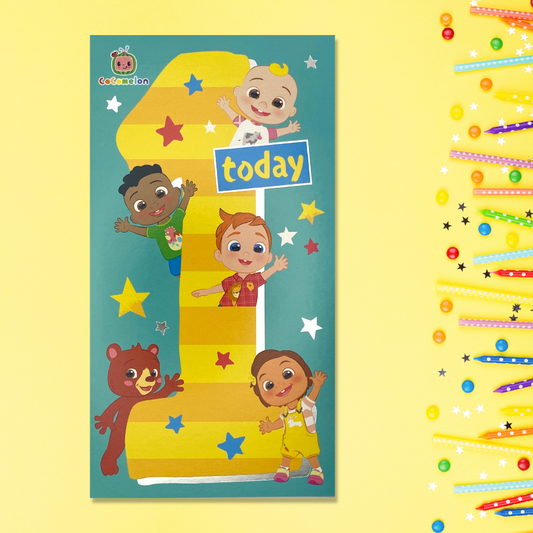1st Birthday card with cocomelon characters