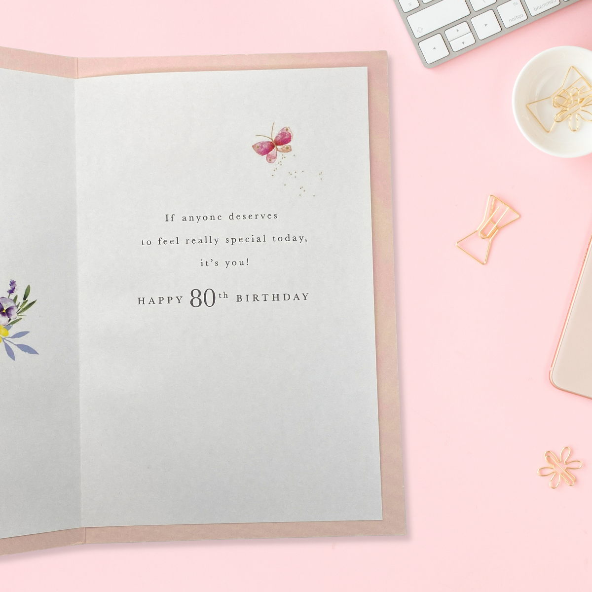 Inside image with pink card and printed colour insert with verse and butterfly