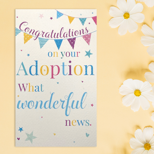 Adoption front image with coloured bunting and stars