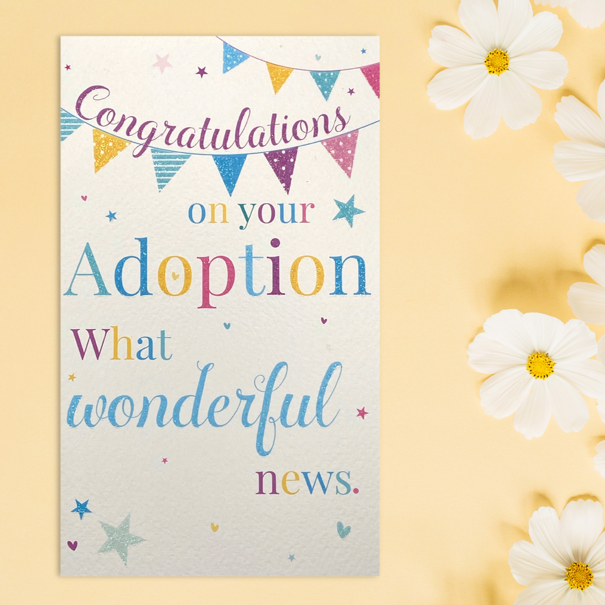 Adoption front image with coloured bunting and stars