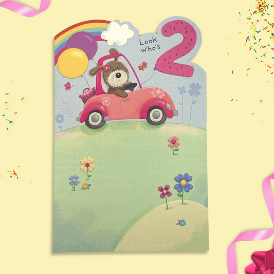 Front image for age 2 lots of woof with cute brown dog in pink car