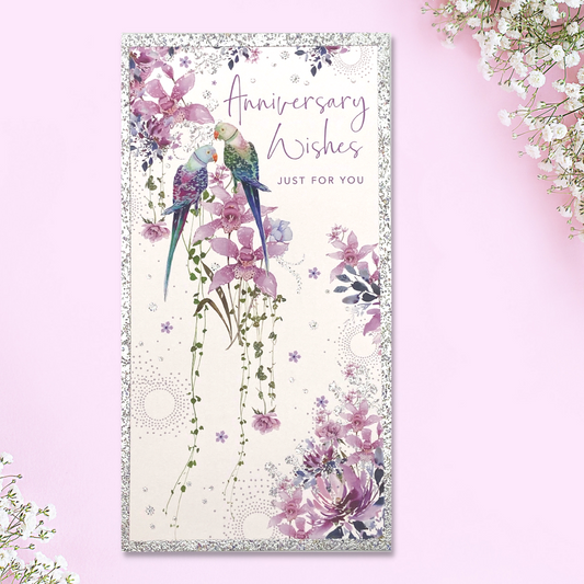 Slim card with silver glitter border, tropical brds and purple flowerss