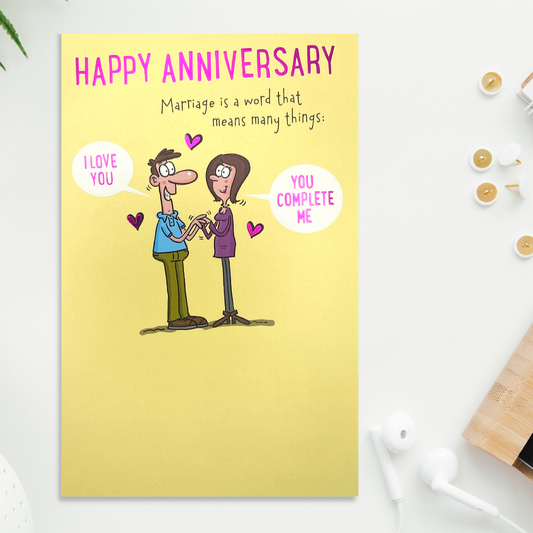 Front image showing bright yellow design with cartoon couple and text