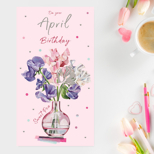 Slim pink card with vase of sweet peas and foil text