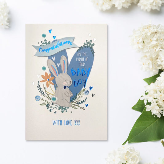 white card with grey bunny and blue heart with decoupage and foil details