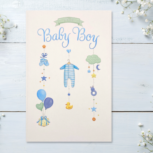 Front image showing baby mobile with hanging blue objects