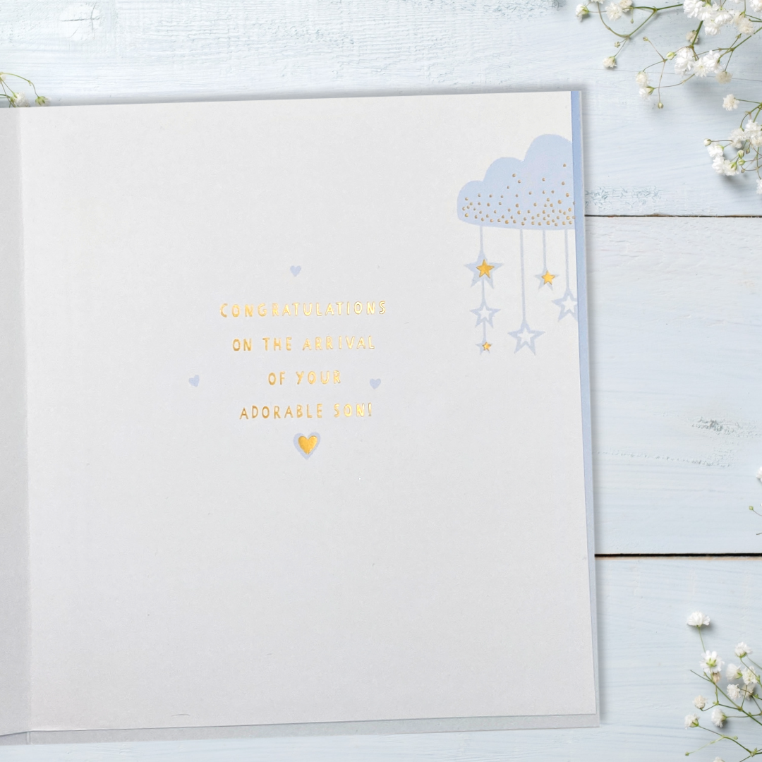 Inside image with blue design and gold foil text