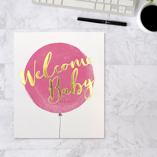 Pink Balloon Baby Girl Greeting Card Displayed In Full