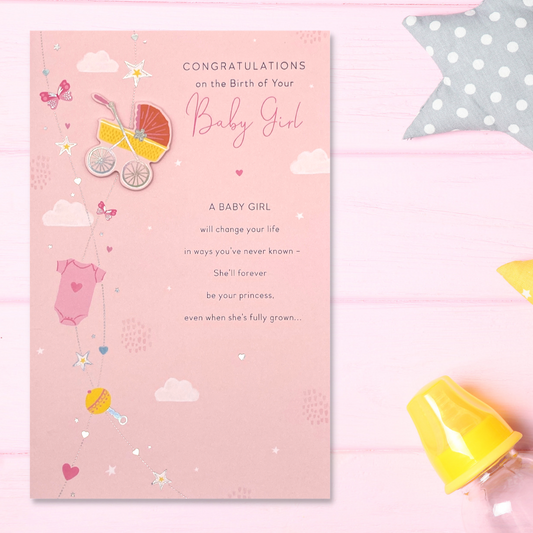Front image showing pink baby card, pram add on and verse