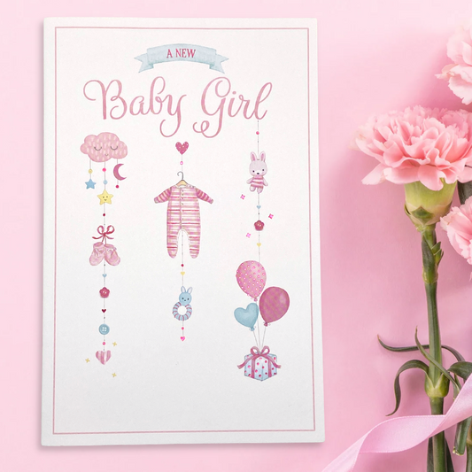 Front image with pink baby clothes, balloons and text