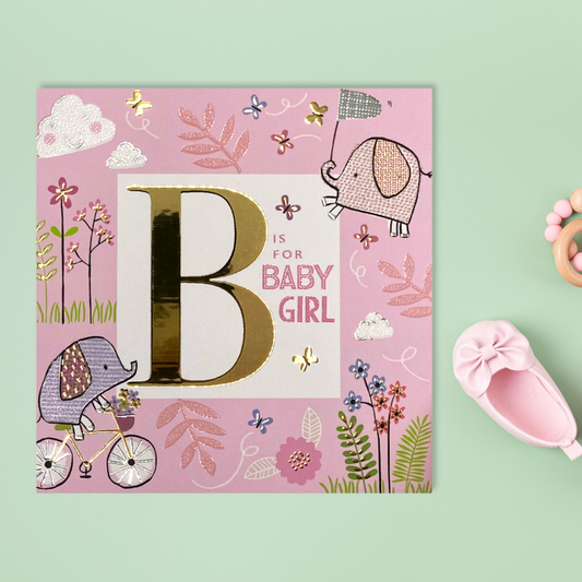 Square card with pink and gold design, pink flowers and B is for Baby Girl Text