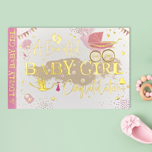 Front image showing landscape card with pink white and gold design