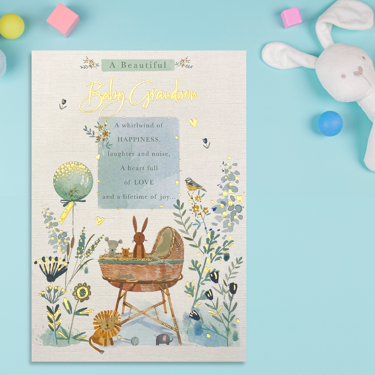 Front image with pram, woodland, cute animals and flowers