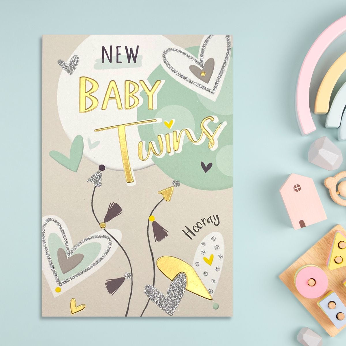 New Baby Twins Greeting Card Displayed In Full