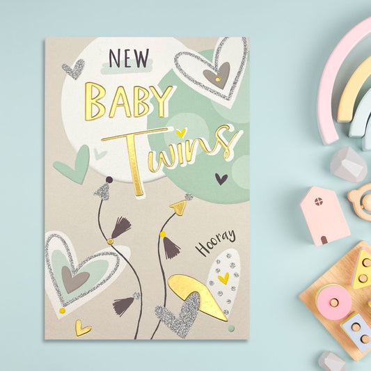 New Baby Twins Greeting Card Displayed In Full