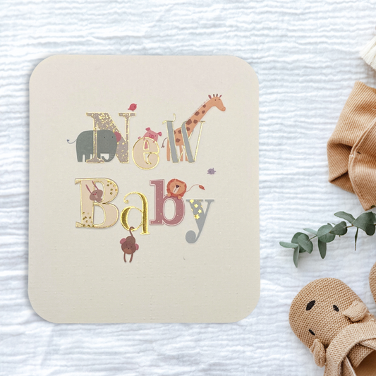 Front image with New Baby Text and jungle animals