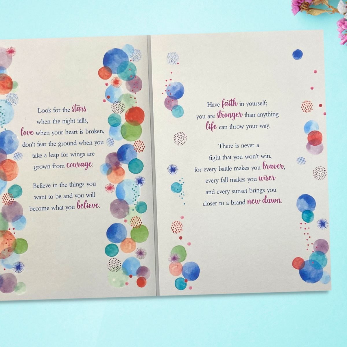 Inside image with watercolour circles and verse on two pages