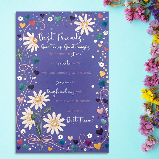 Purple card with floral border and daisys with verse