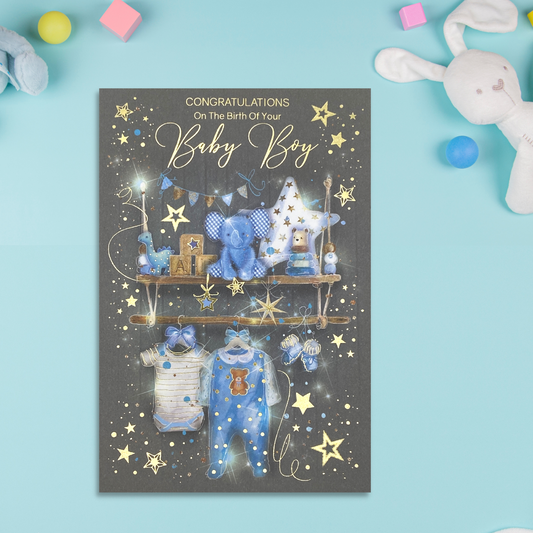 Grey card with blue toys, clothes and gifts on decorated shelves