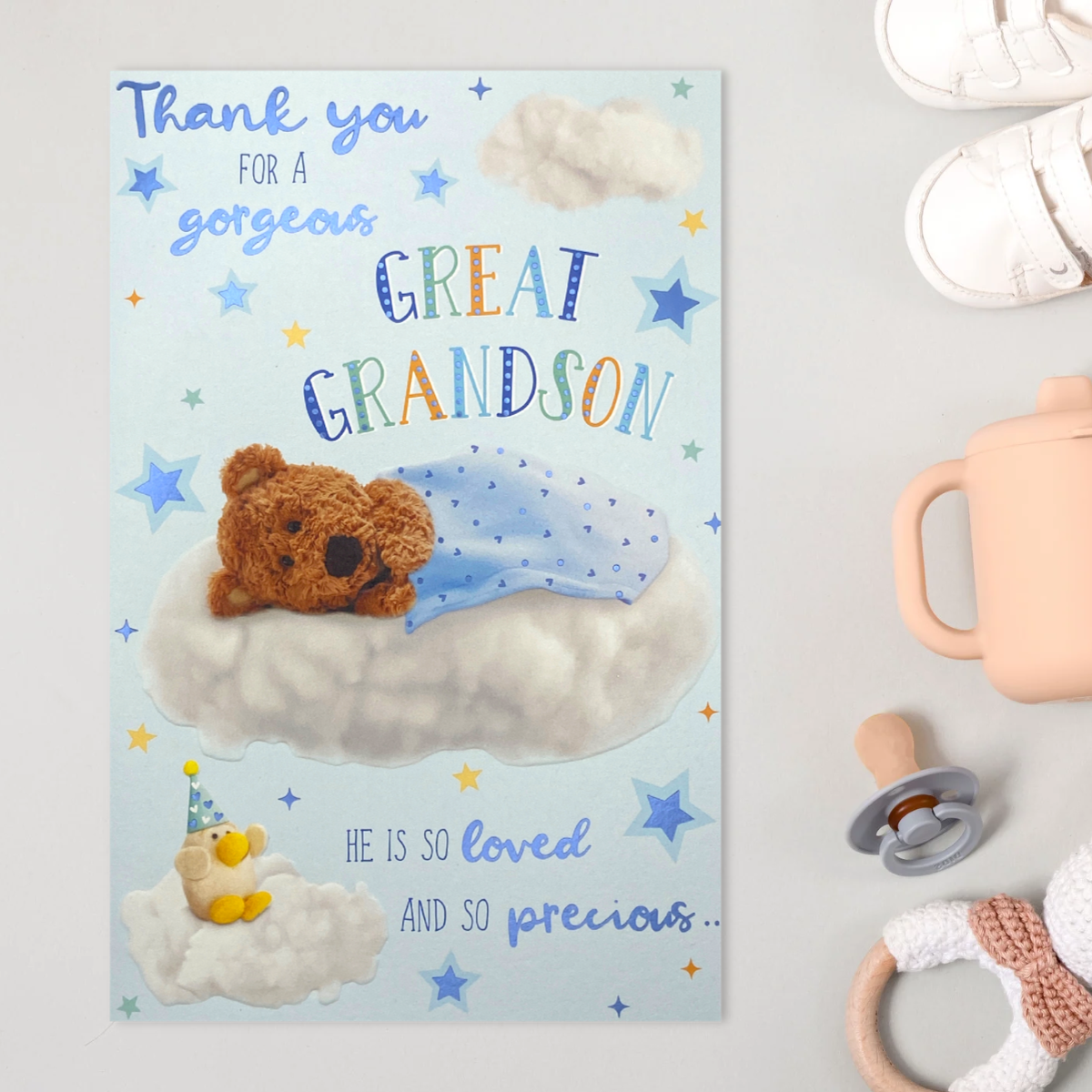 Front image with cute bear on cloud with blanket