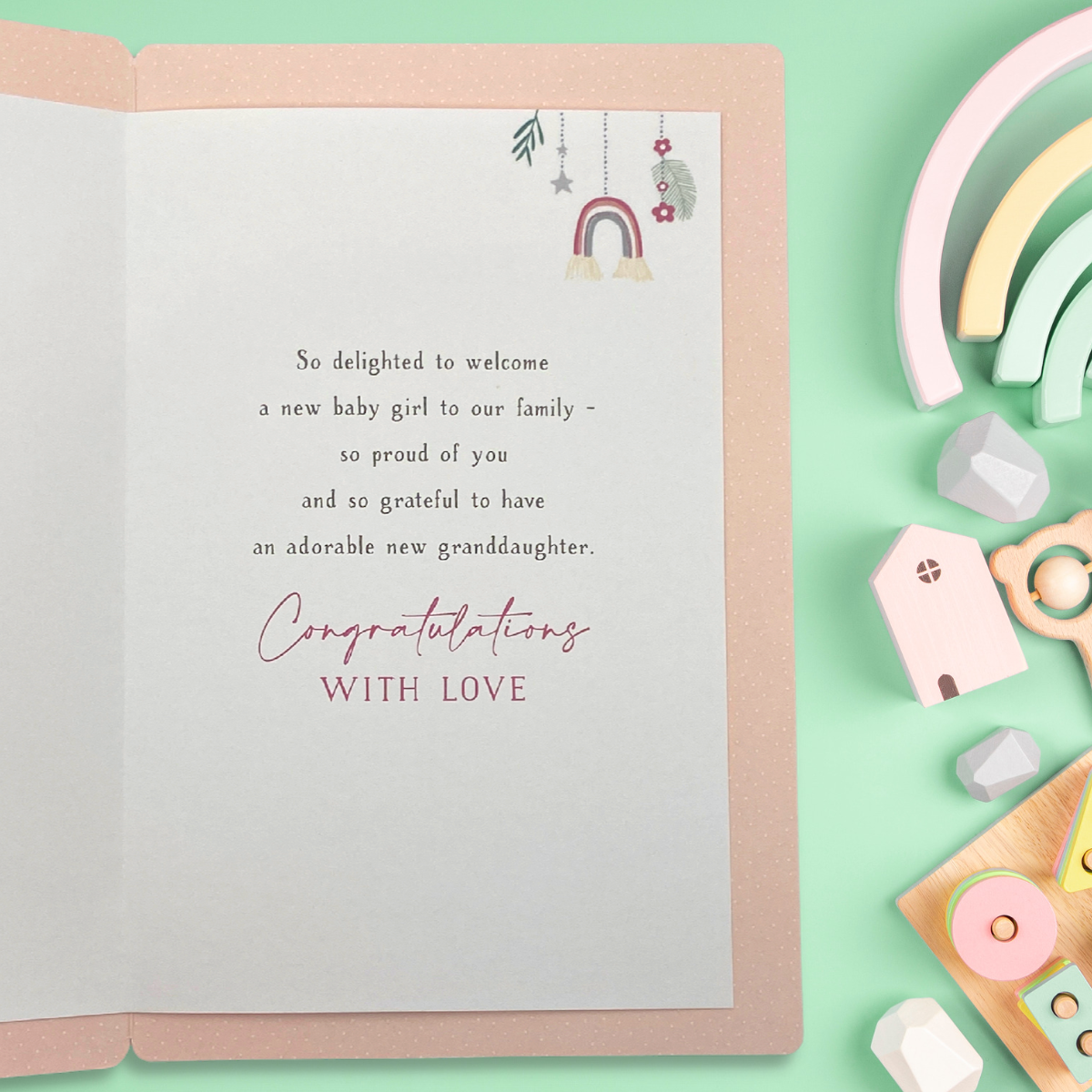 Inside image with pink border and white insert, coloured images and verse
