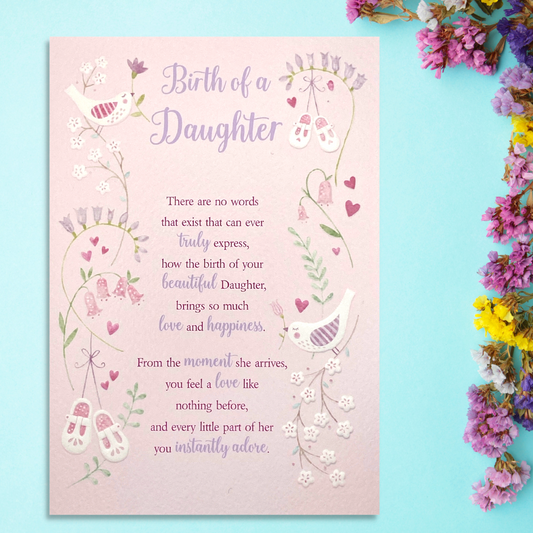 Front image with pink card, booties, birds and flowers alongside text