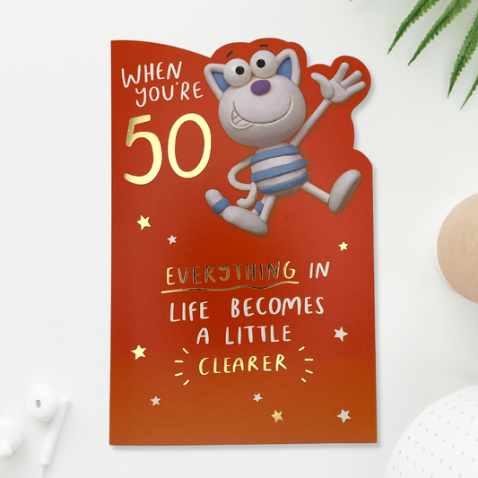 Front image of humourous age 50 card. Orange card with cute character and gold details