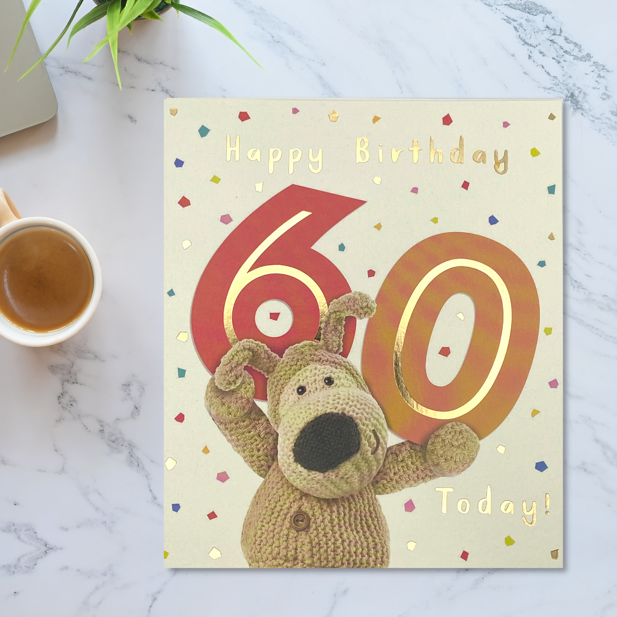 60th square cream card with Boofle character holding numbers