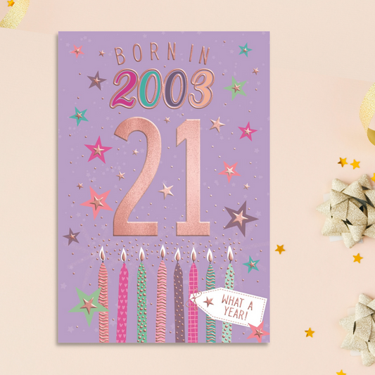 Born In 2003 21st Birthday Card Lilac & Pink