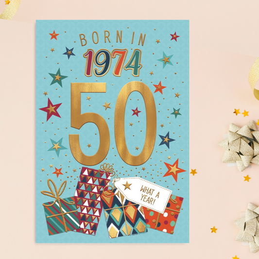 Born In 1974 50th Birthday Card In Aqua