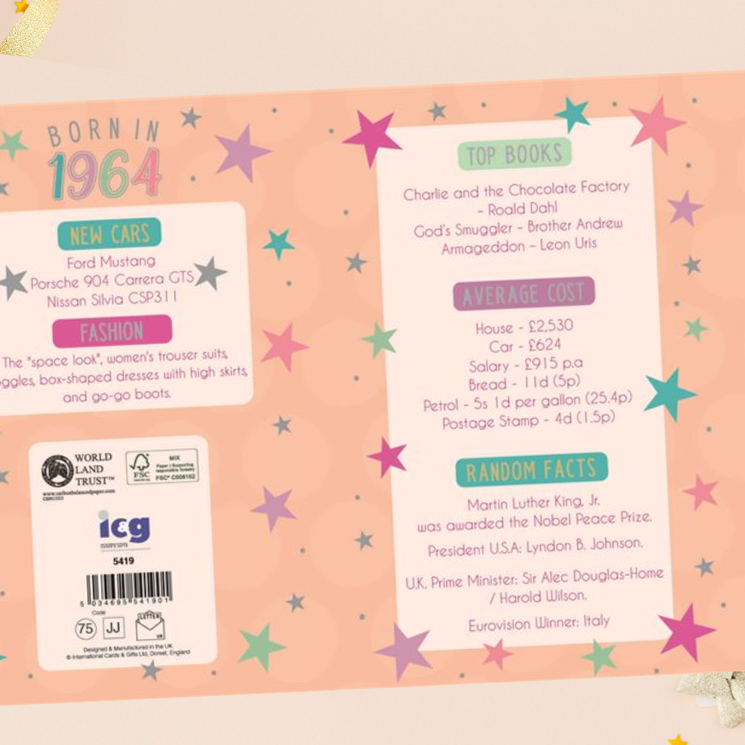 Born In 1964 60th Birthday Card In Peach With Facts on 1964