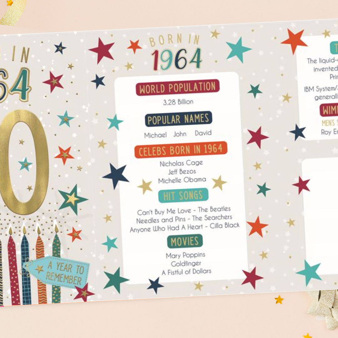 Born In 1964 60th Birthday Card In Silver Grey With Fun Facts