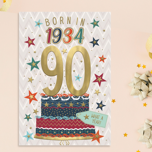 Born In 1934 90th Birthday Card In Silver